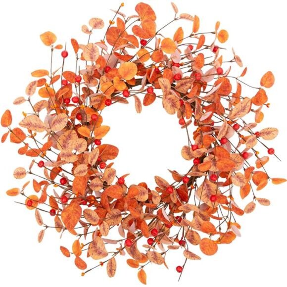18 Inch Fall Wreath Eucalyptus Leaves Wreath Artificial Autumn Wreath - Picture 1 of 6